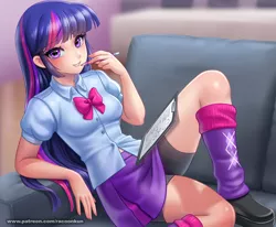 Size: 1300x1072 | Tagged: safe, artist:racoonsan, derpibooru import, twilight sparkle, human, breasts, clothes, couch, equestria girls outfit, humanized, image, jpeg, looking at you, nail polish, pencil, shoes, small breasts