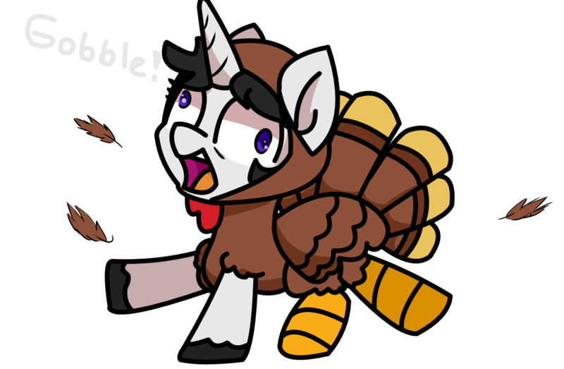 Size: 2201x1440 | Tagged: safe, artist:exoticeon, derpibooru import, oc, unofficial characters only, bird, pony, turkey, unicorn, clothes, costume, female, horn, image, open mouth, png, silly, simple background, solo, transparent background, turkey costume, unicorn oc