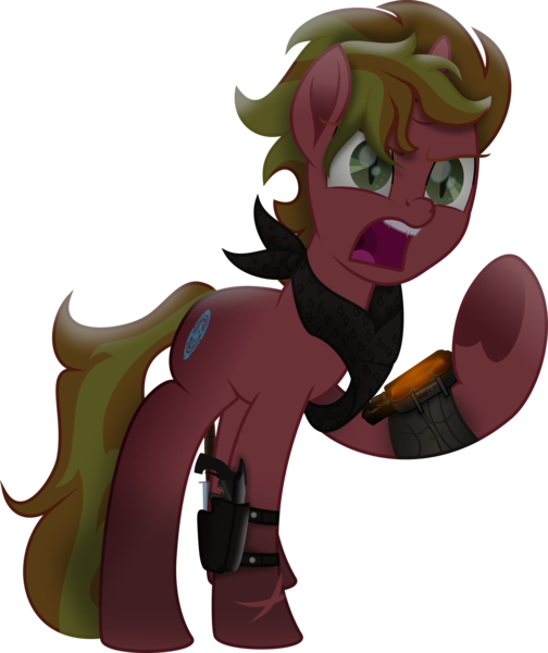 Size: 6342x7543 | Tagged: safe, artist:lincolnbrewsterfan, derpibooru import, oc, oc:fire brander, ponified, unofficial characters only, pony, unicorn, fallout equestria, my little pony: the movie, .svg available, angry, bandana, clothes, cute, cute little fangs, fangs, gun, handgun, highlights, holster, horn, image, inkscape, logo, looking at you, lore in description, madorable, male, mane, movie accurate, owner, pipbuck, pipbuck 3000, pistol, png, raider, revolution, revolutionist, revolver, scarf, shading, simple background, slit pupils, solo, stallion, stallion oc, straps, striped mane, striped tail, tail, transparent background, two toned mane, two toned tail, unicorn oc, vector, weapon, what a lovely pony to meet in the middle of the night, yelling