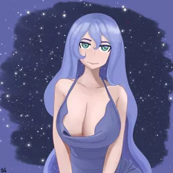 Size: 1000x1000 | Tagged: suggestive, artist:sunlightgryphon, derpibooru import, princess luna, human, big breasts, breasts, busty princess luna, cleavage, humanized, image, looking at you, png, stars