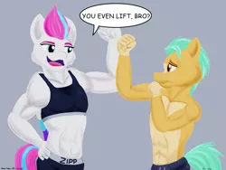 Size: 2400x1800 | Tagged: safe, artist:rockhoppr3, derpibooru import, hitch trailblazer, zipp storm, anthro, earth pony, pegasus, my little pony: a new generation, abs, clothes, female, flexing, g5, image, male, muscles, muscular female, muscular male, partial nudity, png, sad hitch, shorts, speech bubble, sports bra, sports shorts, toned, toned female, topless