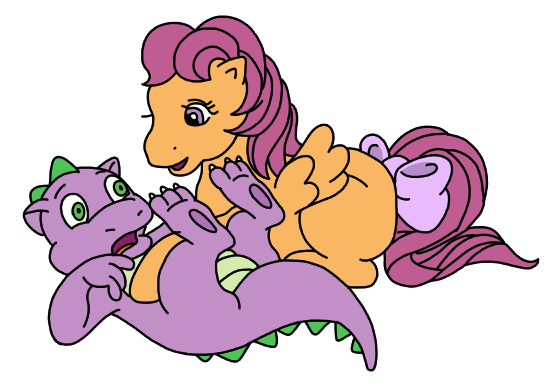 Size: 555x387 | Tagged: safe, artist:mattiedrawsponies, derpibooru import, scootaloo, spike, dragon, pegasus, pony, baby, baby dragon, blank flank, bow, caught, colored, cute, cutealoo, duo, female, filly, foal, g1, g4, g4 to g1, generation leap, image, male, open mouth, open smile, png, shocked, simple background, smiling, spikabetes, tail, tail bow, talking, transparent background, vector