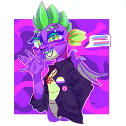 Size: 855x855 | Tagged: safe, artist:occultusion, derpibooru import, spike, dragon, alternate design, anarchy, clothes, eyebrow piercing, female, female symbol, hand in pocket, image, jacket, looking at you, mouthpiece, nonbinary, nonbinary pride flag, open mouth, open smile, piercing, png, politics, pride, pride flag, smiling, smiling at you, solo, speech bubble, trans female, transgender, transgender pride flag, twitterina design, wings