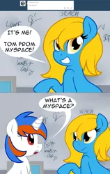 Size: 1280x2030 | Tagged: safe, artist:furrgroup, derpibooru import, oc, oc:internet explorer, oc:safari, unofficial characters only, earth pony, pony, unicorn, ask internet explorer, 2 panel comic, ask, browser ponies, comic, dialogue, duo, duo female, earth pony oc, eye contact, female, grin, hooves, horn, image, internet explorer, looking at each other, looking at someone, mare, myspace, png, raised hoof, smiling, speech bubble, two toned mane, unicorn oc, yellow mane