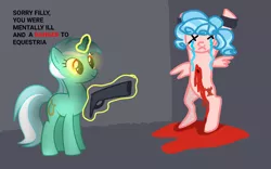 Size: 1920x1200 | Tagged: semi-grimdark, derpibooru import, edit, vector edit, cozy glow, lyra heartstrings, pegasus, pony, unicorn, 1000 hours in ms paint, abuse, bipedal, blood, bondage, bruh, bullet hole, cozybuse, crying, cutie mark, dead body, duo, duo female, execution, eyes closed, female, filly, foal, frown, glow, glowing eyes, glowing horn, gun, handgun, hooves, horn, image, l.u.l.s., magic, magic aura, mare, pistol, png, shot, show accurate, smiling, standing, tail, telekinesis, text, two toned mane, two toned tail, vector, wat, weapon, wtf, x eyes