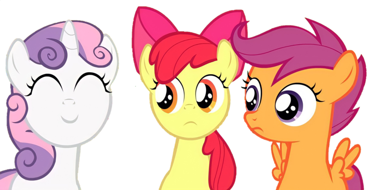 Size: 2234x1096 | Tagged: safe, artist:jan, derpibooru import, edit, edited screencap, screencap, apple bloom, scootaloo, sweetie belle, earth pony, pegasus, pony, unicorn, background removed, cutie mark crusaders, eyes closed, female, filly, foal, image, not a vector, png, simple background, transparent background