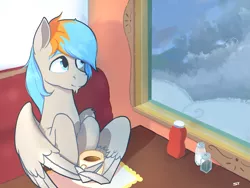 Size: 1837x1378 | Tagged: safe, artist:storyteller, derpibooru import, oc, oc:shade flash, unofficial characters only, pegasus, cloud, coffee, commission, image, lightning, png, window