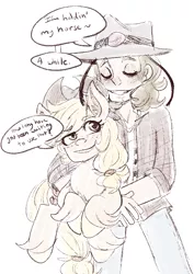 Size: 614x869 | Tagged: safe, artist:mimiporcellini, derpibooru import, applejack, earth pony, human, pony, crossover, crossover shipping, eyes closed, hol horse, holding a pony, holjack, image, interspecies, jojo's bizarre adventure, png, shipping, smiling