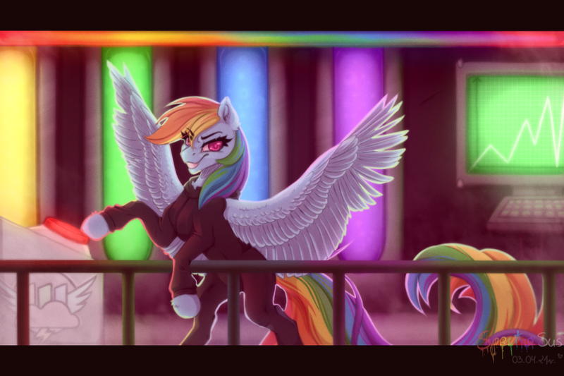 Size: 900x600 | Tagged: semi-grimdark, artist:spectrasus, derpibooru import, rainbow dash, pegasus, pony, fanfic:rainbow factory, clothes, fanfic art, image, png, smiling, spread wings, wings