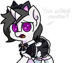 Size: 2281x2000 | Tagged: safe, artist:exoticeon, derpibooru import, oc, oc:spooky, unofficial characters only, pony, unicorn, clothes, horn, image, maid, male, open mouth, png, simple background, solo, transparent background, unicorn oc