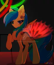 Size: 1024x1239 | Tagged: semi-grimdark, artist:spectrasus, derpibooru import, oc, unofficial characters only, pony, fanfic:rainbow factory, blood, chest fluff, deviantart watermark, ear fluff, fanfic art, female, image, jpeg, mare, obtrusive watermark, raised hoof, solo, watermark