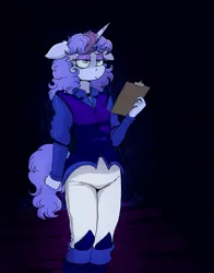 Size: 2670x3414 | Tagged: safe, artist:paskanaakka, derpibooru import, oc, oc:midnight dew, unofficial characters only, anthro, unicorn, alternate timeline, clipboard, clothes, derpibooru exclusive, female, floppy ears, image, jpeg, lidded eyes, nightmare takeover timeline, solo, uniform