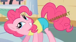 Size: 960x539 | Tagged: suggestive, artist:thedarkpony, derpibooru import, edit, edited screencap, screencap, pinkie pie, pony, feeling pinkie keen, clothes, compression shorts, cropped, fart, fart edit, fart noise, female, image, mare, onomatopoeia, png, shorts, smiling, sound effects