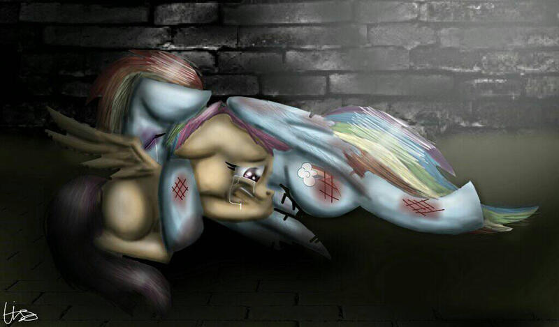 Size: 1024x600 | Tagged: grimdark, artist:lordofthefeathers, derpibooru import, rainbow dash, scootaloo, blood, image, jpeg