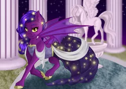 Size: 1280x906 | Tagged: safe, artist:nuumia, derpibooru import, oc, oc:phantasia, unofficial characters only, bat pony, pony, bat pony oc, bat wings, clothes, dress, female, image, jpeg, looking at you, mare, smiling, smiling at you, solo, wings