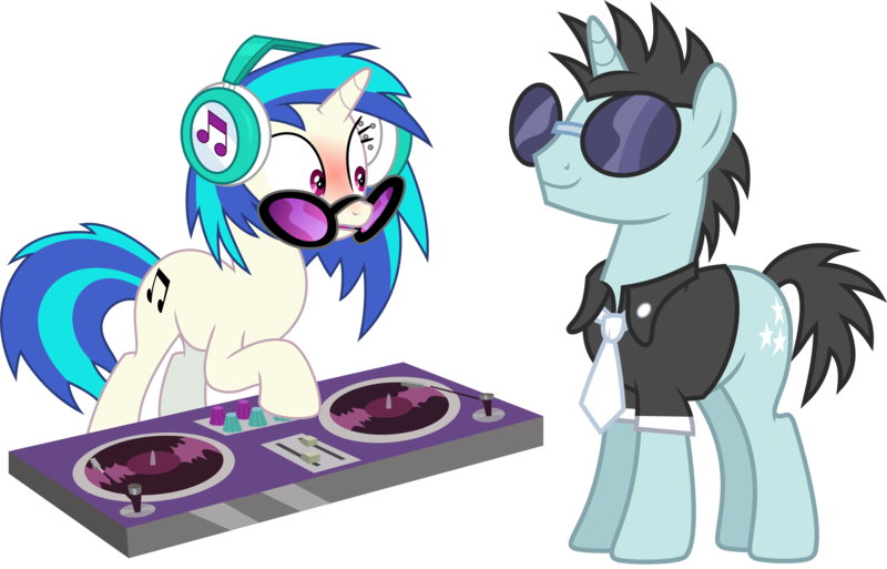 Size: 9440x6050 | Tagged: safe, artist:caliazian, artist:chainchomp2 edit, derpibooru import, edit, vector edit, neon lights, rising star, vinyl scratch, pony, unicorn, slice of life (episode), sweet and elite, .svg available, absurd resolution, background pony, blushing, clothes, female, headphones, image, male, mare, necktie, open mouth, png, shipping, shirt, simple background, smiling, stallion, straight, sunglasses, transparent background, turntable, vector, vinylights