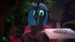 Size: 1920x1080 | Tagged: suggestive, artist:hooves-art, derpibooru import, queen chrysalis, oc, oc:hooves-art, anthro, pegasus, pony, 3d, animated, baguette, bedroom eyes, big breasts, bonk, bread, breasts, female, food, heart, horny jail, image, male, onomatopoeia, overwatch, pizza, pizza delivery, snowball (overwatch), sound, sound effects, source filmmaker, webm