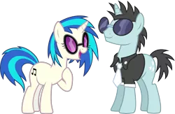 Size: 9181x6000 | Tagged: safe, artist:chainchomp2 edit, artist:floppychiptunes, derpibooru import, edit, vector edit, neon lights, rising star, vinyl scratch, pony, unicorn, sweet and elite, .svg available, absurd resolution, background pony, clothes, female, image, male, mare, necktie, png, shipping, shirt, simple background, smiling, stallion, straight, sunglasses, transparent background, vector, vinylights