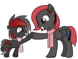 Size: 1200x902 | Tagged: safe, artist:idkhesoff, derpibooru import, oc, oc:nightmare dash, oc:raven beat, pony, derpibooru community collaboration, 2022 community collab, clone, female, hearth's warming eve, image, mother and child, mother and daughter, png, winter