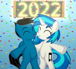 Size: 7200x6600 | Tagged: safe, artist:agkandphotomaker2000, derpibooru import, vinyl scratch, oc, oc:pony video maker, pegasus, pony, unicorn, bipedal, canon x oc, eyes closed, female, folded wings, happy new year, happy new year 2022, holding each other, holiday, image, male, neon, neon sign, new year, open mouth, png, shipping, show accurate, sign, simple background, smiling, straight, videoscratch, wings