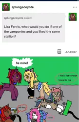 Size: 1174x1808 | Tagged: safe, artist:ask-luciavampire, derpibooru import, oc, earth pony, pony, undead, vampire, werewolf, ask, ask-ponys-gamer-club, crushing, image, png, tumblr