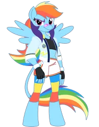 Size: 2048x2644 | Tagged: safe, artist:fotia-kouneli, derpibooru import, rainbow dash, anthro, pegasus, unguligrade anthro, clothes, fingerless gloves, gloves, image, jacket, leonine tail, midriff, nose bandaid, png, shorts, simple background, solo, tail, transparent background