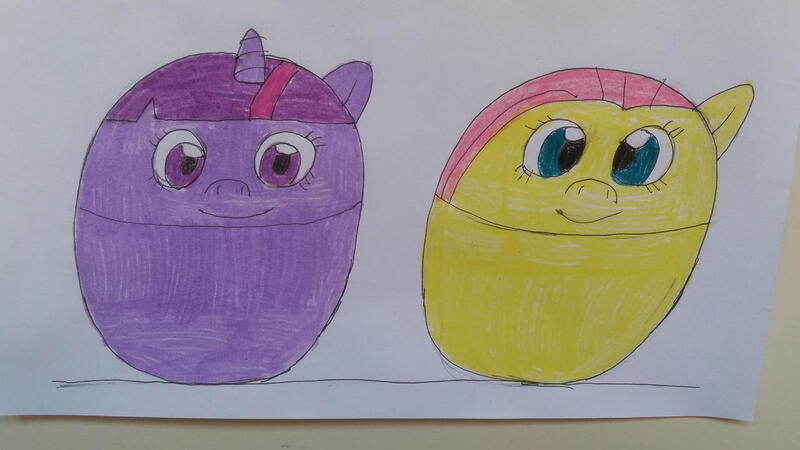 Size: 1280x720 | Tagged: safe, derpibooru import, fluttershy, twilight sparkle, alicorn, pegasus, pony, ball, female, flutterball, image, jpeg, mare, morph ball, traditional art, twiball