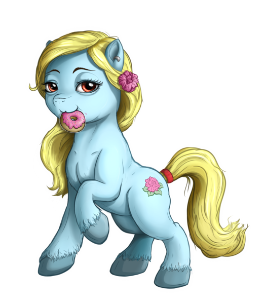Size: 2227x2554 | Tagged: safe, artist:celsian, derpibooru import, oc, oc:larimare, earth pony, pony, derpibooru community collaboration, 2022 community collab, blonde, donut, ear piercing, earring, female, flower, flower in hair, food, image, jewelry, mare, mouth hold, piercing, png, raised hoof, simple background, solo, tail, tail wrap, transparent background, unshorn fetlocks