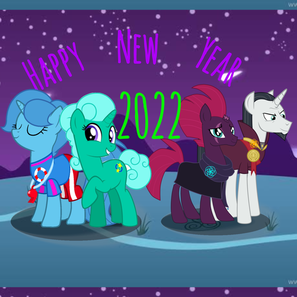 Size: 1378x1378 | Tagged: safe, derpibooru import, chancellor neighsay, fizzlepop berrytwist, glitter drops, spring rain, tempest shadow, pony, unicorn, 2022, happy new year, holiday, image, new year, photo, png