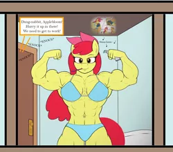 Size: 1628x1430 | Tagged: suggestive, artist:astrum, artist:calm wind, artist:matchstickman, derpibooru import, apple bloom, applejack, anthro, earth pony, abs, apple bloom's bow, apple brawn, applejacked, armpits, bathroom, biceps, bow, bra, breasts, busty apple bloom, clothes, dialogue, dream, female, flexing muscles, hair bow, humming, image, matchstickman's apple brawn series, mirror, muscles, muscular female, panties, pecs, png, speech bubble, thighs, thunder thighs, toothbrush, toothpaste, underwear