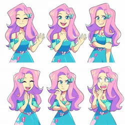 Size: 2048x2048 | Tagged: safe, artist:lou_lubally, derpibooru import, fluttershy, equestria girls, blushing, butterfly hairpin, clapping, commission, embarrassed, emotes, eyes closed, female, happy, image, jewelry, jpeg, looking at you, necklace, open mouth, open smile, shocked, simple background, smiling, thinking, waving, white background