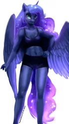 Size: 499x900 | Tagged: safe, artist:raphaeldavid, derpibooru import, princess luna, alicorn, anthro, abs, belly button, clothes, female, hand on hip, image, jpeg, looking at you, muscles, shorts, simple background, smiling, solo, sports bra, sports shorts, white background, workout outfit