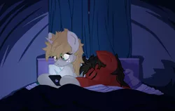 Size: 3000x1900 | Tagged: safe, artist:aaronmk, derpibooru import, oc, oc:littlepip, oc:red eye, fallout equestria, alternate universe, alternate universe of an alternate universe, bed, dark, eye reflection, image, mobile phone, night, phone, png, reflection, sleeping, sleeping together, vector
