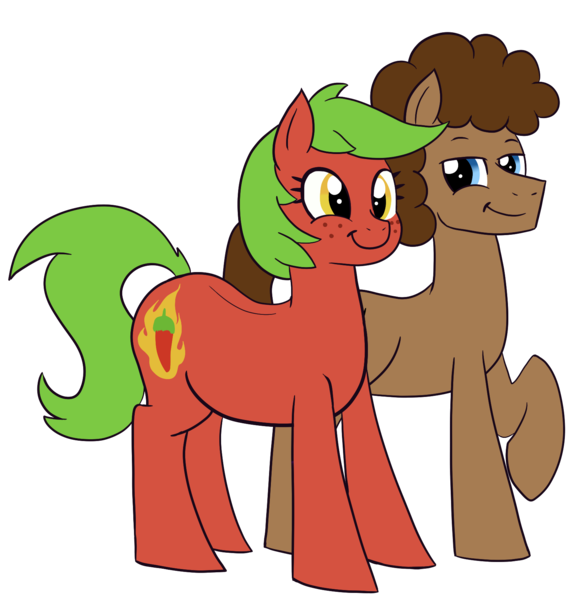 Size: 1612x1687 | Tagged: safe, artist:feralroku, derpibooru import, oc, oc:cayenne, oc:strong runner, unofficial characters only, earth pony, pony, derpibooru community collaboration, 2022 community collab, chubby, female, freckles, image, male, mare, png, simple background, smiling, stallion, transparent background