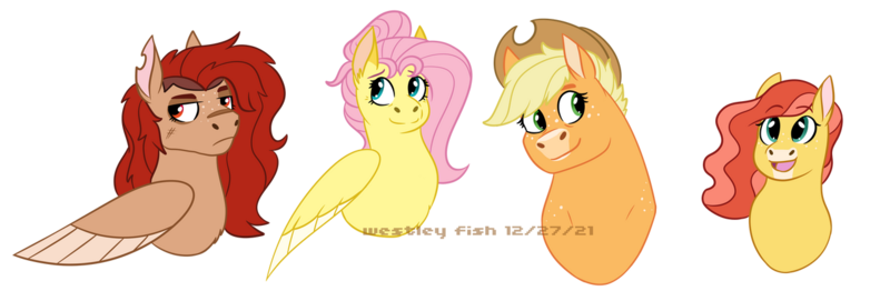 Size: 1280x434 | Tagged: safe, artist:quincydragon, derpibooru import, applejack, fluttershy, oc, oc:honeygold apple, oc:wood chipper, pony, image, magical lesbian spawn, offspring, parent:applejack, parent:fluttershy, parents:appleshy, png, simple background, transparent background