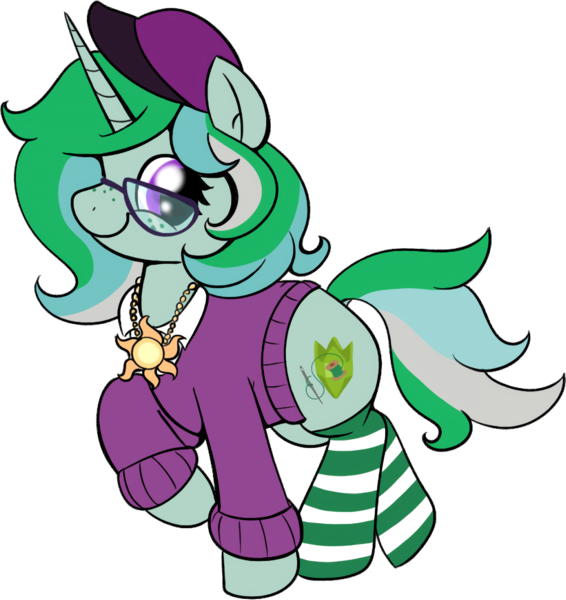 Size: 1042x1104 | Tagged: safe, artist:grodiechan, derpibooru import, oc, oc:emeraldine stitch, unofficial characters only, pony, unicorn, derpibooru community collaboration, 2022 community collab, celestia's cutie mark, clothes, female, freckles, glasses, hat, image, jewelry, mare, necklace, png, shirt collar, simple background, socks, solo, striped socks, sweater, transparent background