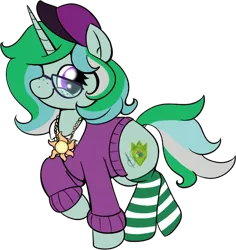 Size: 1042x1104 | Tagged: safe, artist:grodiechan, derpibooru import, oc, oc:emeraldine stitch, unofficial characters only, pony, unicorn, derpibooru community collaboration, 2022 community collab, celestia's cutie mark, clothes, female, freckles, glasses, hat, image, jewelry, mare, necklace, png, shirt collar, simple background, socks, solo, striped socks, sweater, transparent background