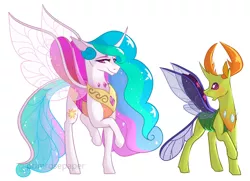 Size: 1280x927 | Tagged: safe, artist:primrosepaper, derpibooru import, princess celestia, thorax, alicorn, changedling, changeling, pony, blushing, changedlingified, changelingified, clothes, collar, curved horn, cute, ethereal mane, eyelashes, female, flowing mane, flowing tail, horn, horns, image, jewelry, jpeg, king thorax, lidded eyes, male, open mouth, pink eyes, purple eyes, raised hoof, regalia, see-through, simple background, smiling, species swap, spread wings, starry mane, starry tail, tail, white background, wings