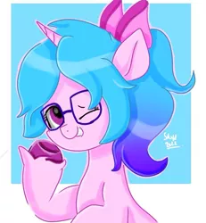 Size: 797x861 | Tagged: safe, artist:skylinepony_, derpibooru import, izzy moonbow, pony, unicorn, alternate hairstyle, g5, glasses, image, jpeg, looking at you, one eye closed, ponytail, smiling, solo, wink, winking at you