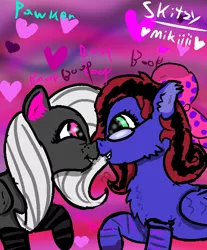 Size: 584x704 | Tagged: safe, artist:pawker, derpibooru import, oc, oc:mikiiiiii, oc:skitzy, pegasus, boop, clothes, female, glasses, happy, heart, hopping, image, jpeg, kissing, pink, smiling, socks, swamp cinema