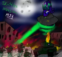 Size: 1700x1552 | Tagged: safe, artist:pawker, derpibooru import, oc, oc:skuttles, alien, human, pony, 1950s, army, background, destruction, fight, fire, firing, glow, gun, image, jpeg, lazer, male, moon, rifles, soldiers, swamp cinema, tank (vehicle), united states, us army, weapon