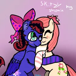 Size: 1000x1000 | Tagged: safe, artist:pawker, derpibooru import, oc, oc:shymin, oc:skitzy, earth pony, pegasus, cute, female, glasses, hug, image, jpeg, smiling, solo, swamp cinema, wholesome