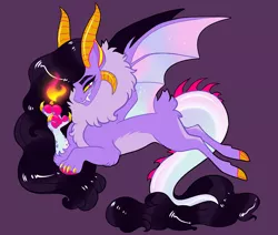 Size: 2600x2200 | Tagged: safe, artist:loryska, derpibooru import, oc, draconequus, hybrid, fire, image, interspecies offspring, offspring, parent:discord, parents:discolight, parent:twilight sparkle, paws, png, purple background, simple background, solo, underpaw