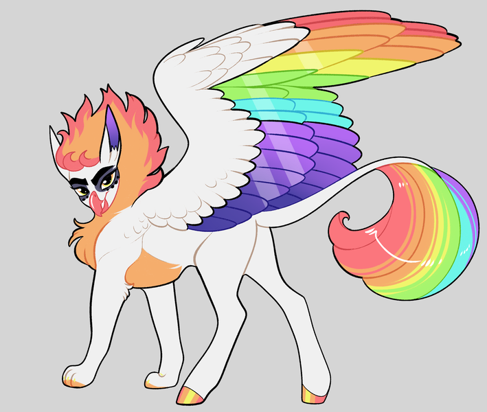 Size: 2600x2200 | Tagged: safe, artist:loryska, derpibooru import, oc, hippogriff, colored wings, gray background, image, interspecies offspring, magical lesbian spawn, multicolored wings, offspring, parent:gilda, parent:rainbow dash, parents:gildash, png, simple background, solo, wings