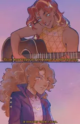 Size: 1933x3000 | Tagged: safe, artist:stummm, derpibooru import, adagio dazzle, sunset shimmer, equestria girls, aesthetics, blushing, cyrillic, female, guitar, image, jpeg, lesbian, looking at each other, looking at someone, musical instrument, russian, shipping, singing, song reference, subtitles, sunsagio