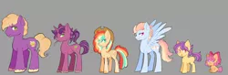 Size: 2800x922 | Tagged: safe, artist:merdiia, derpibooru import, oc, unofficial characters only, earth pony, pony, unicorn, bow, earth pony oc, female, filly, foal, gray background, group, hair bow, hat, horn, image, magical lesbian spawn, male, mare, offspring, parent:apple bloom, parent:applejack, parent:big macintosh, parent:rainbow dash, parent:sugar belle, parent:tender taps, parents:appledash, parents:sugarmac, parents:tenderbloom, png, simple background, stallion, straw, unicorn oc, unshorn fetlocks