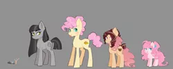 Size: 2300x922 | Tagged: safe, artist:merdiia, derpibooru import, li'l cheese, oc, earth pony, pony, the last problem, earth pony oc, female, gray background, group, image, mare, offspring, older, parent:cheese sandwich, parent:marble pie, parent:maud pie, parent:mud briar, parent:pinkie pie, parents:cheesepie, parents:maudbriar, png, simple background