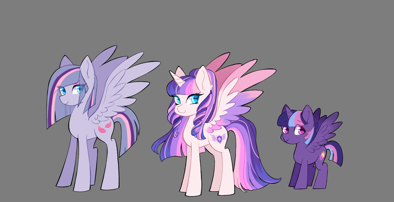 Size: 1800x922 | Tagged: safe, artist:merdiia, derpibooru import, oc, unofficial characters only, alicorn, pegasus, pony, alicorn oc, female, filly, foal, gray background, horn, image, mare, offspring, parent:flash sentry, parent:twilight sparkle, parents:flashlight, pegasus oc, png, simple background, story included, wings