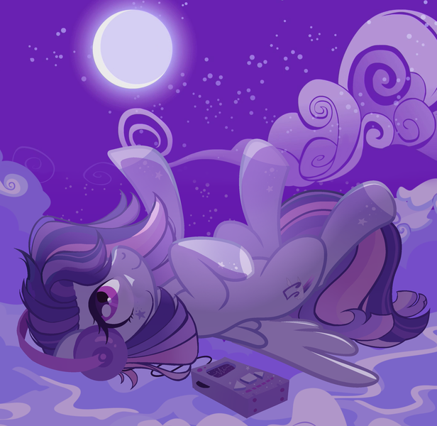 Size: 2700x2632 | Tagged: safe, artist:merdiia, derpibooru import, oc, unofficial characters only, hybrid, pegasus, pony, base used, falling, female, full moon, image, interspecies offspring, looking up, mare, moon, music player, night, offspring, parent:mordecai, parent:twilight sparkle, parents:mordetwi, pegasus oc, png, smiling, solo, stars, wings