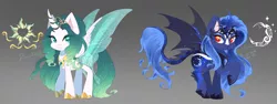 Size: 2350x880 | Tagged: safe, artist:merdiia, derpibooru import, oc, unofficial characters only, alicorn, bat pony, bat pony alicorn, changepony, hybrid, pony, alicorn oc, bat wings, duo, female, gradient background, horn, image, magical lesbian spawn, mare, offspring, parent:princess celestia, parent:princess luna, parent:queen chrysalis, parent:rain shine, parents:chryslestia, png, wings